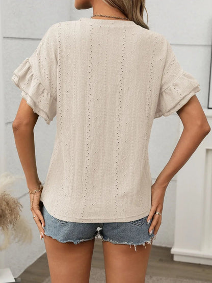 Eyelet Round Neck Flounce Sleeve Top - Bayou Curves