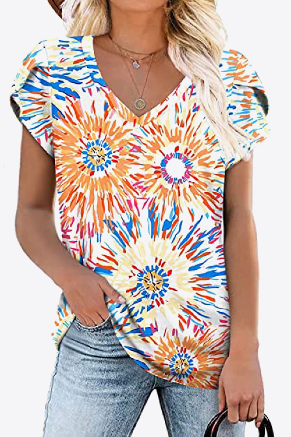 Printed Petal Sleeve V-Neck Blouse - Bayou Curves
