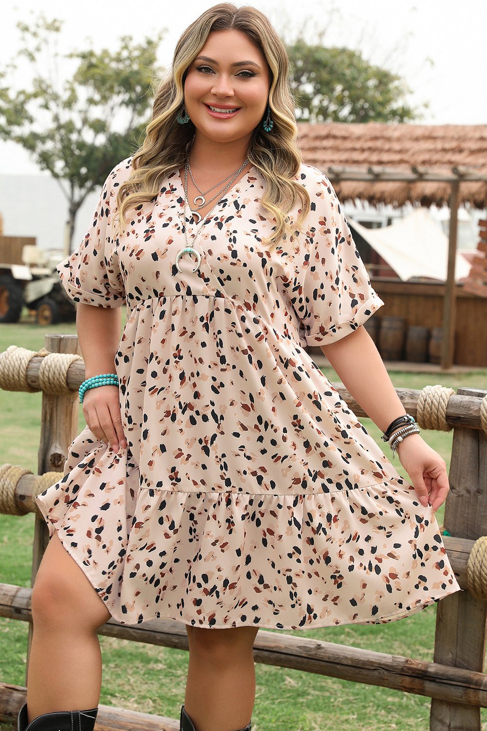 Plus Size Beige Printed Surplice V Neck Cuffed Sleeve Empire Dress - Bayou Curves