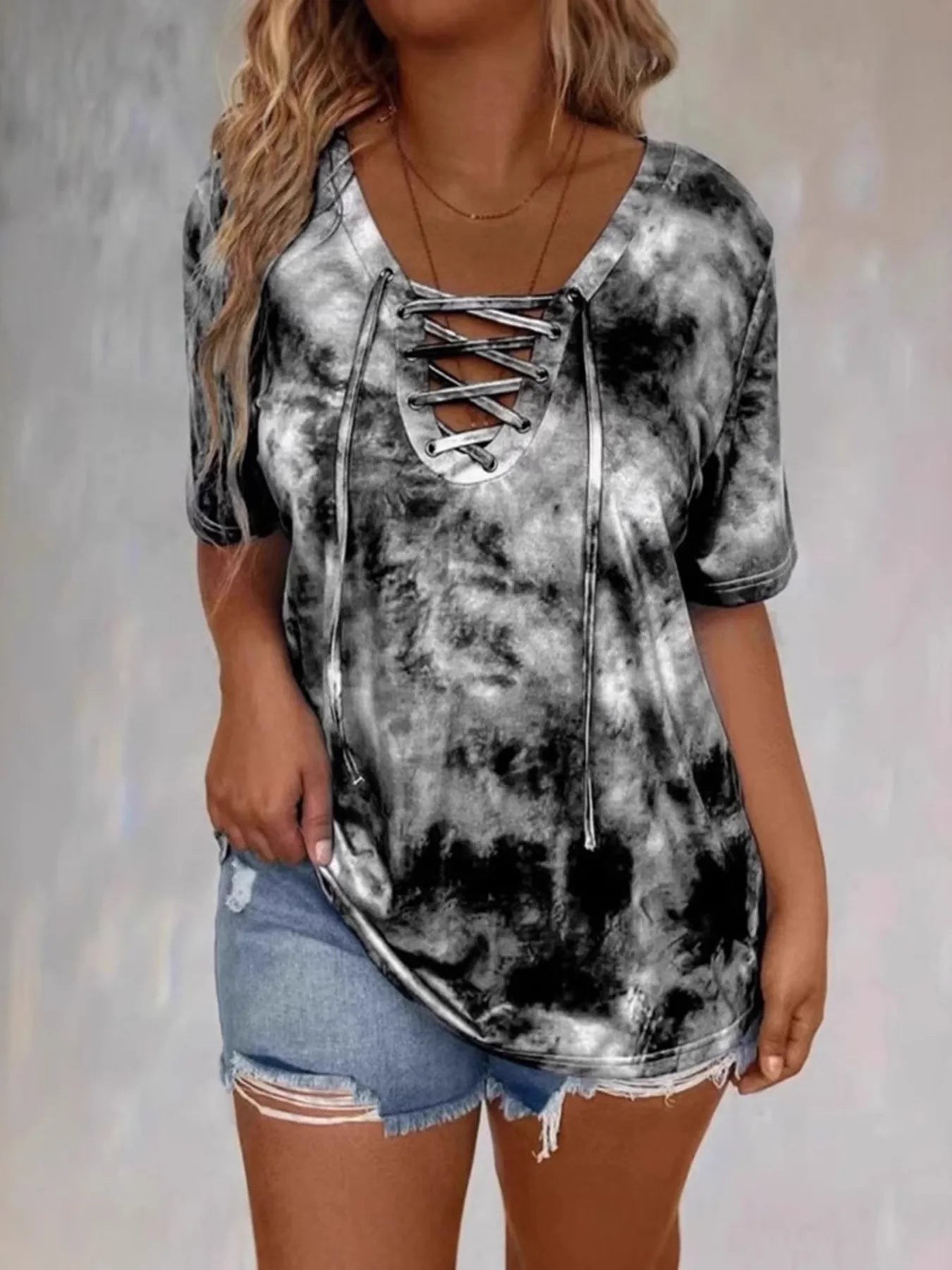 Tie Dye Lace-Up V-Neck Casual T-Shirt - Bayou Curves