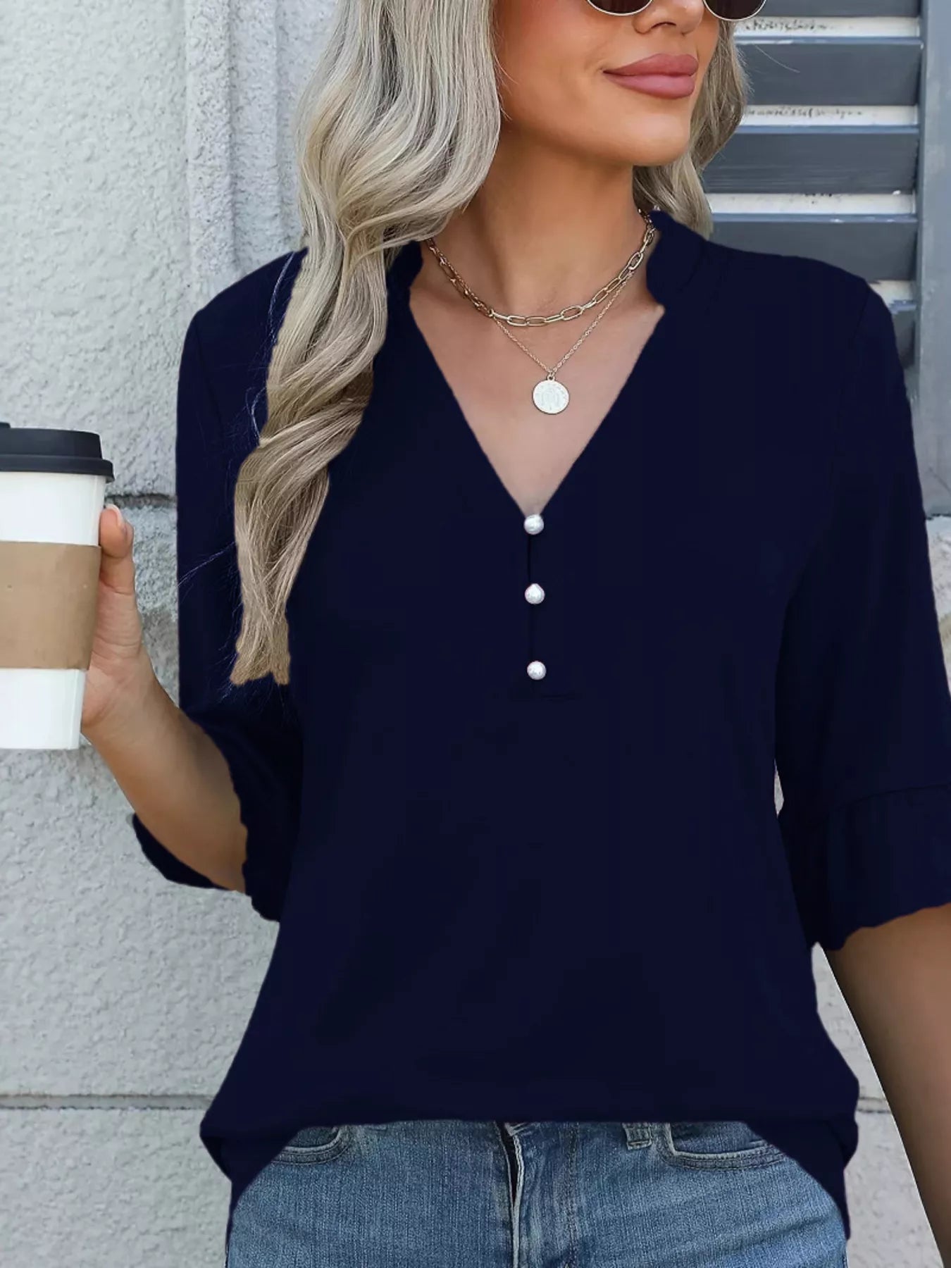 Full Size Notched Flounce Sleeve Blouse Plus Size - Bayou Curves