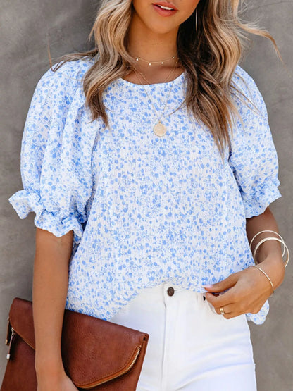 Full Size Floral Print Ruffle Sleeve Blouse Plus Size - Bayou Curves