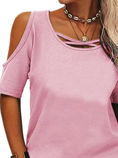 Full Size Crisscross Cold Shoulder Casual T-Shirt Plus Size - Bayou Curves