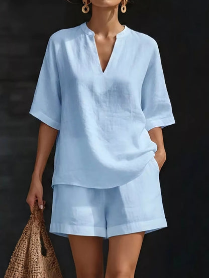 Full Size Notched Half Sleeve Top and Shorts Set Plus Size - Bayou Curves