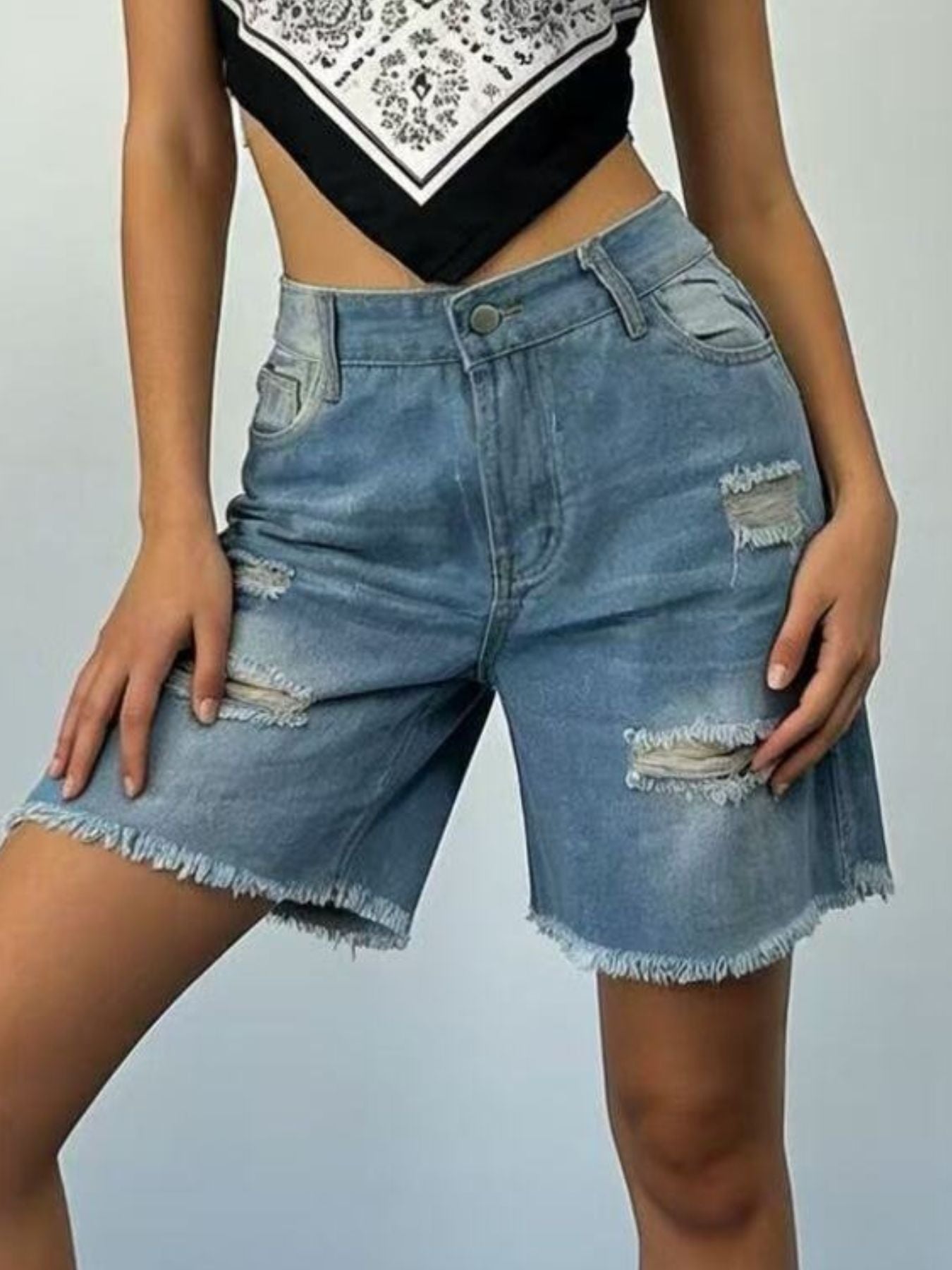 Full Size Ripped Frayed Hem Denim Shorts Plus Size - Bayou Curves