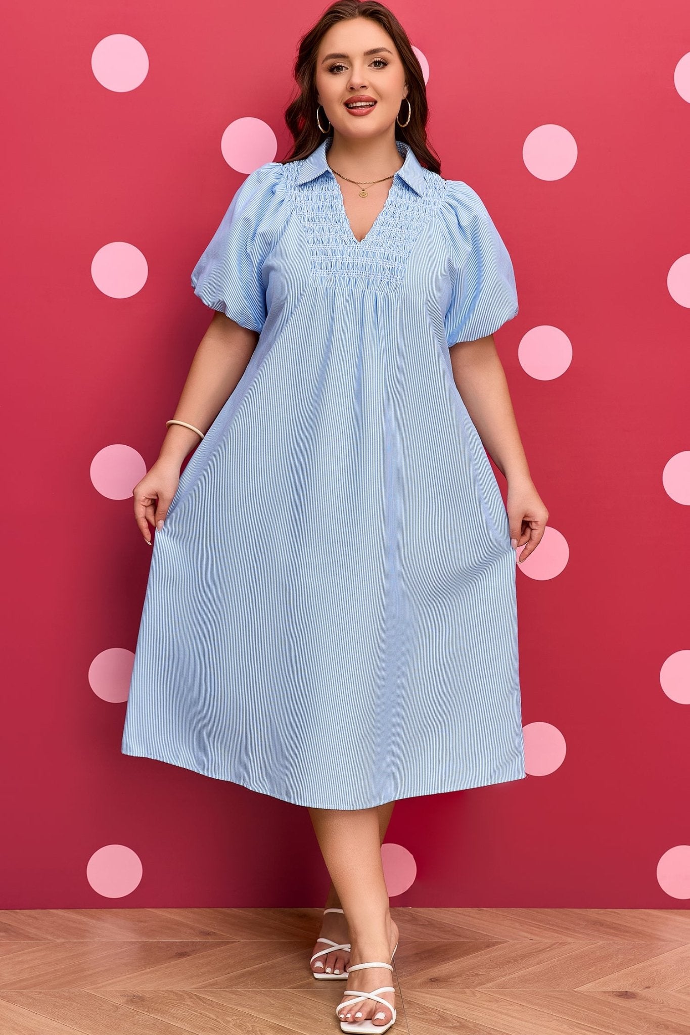 Plus Size Sky Blue Stripe Shirred Detail Collar V Neck Midi Dress - Bayou Curves