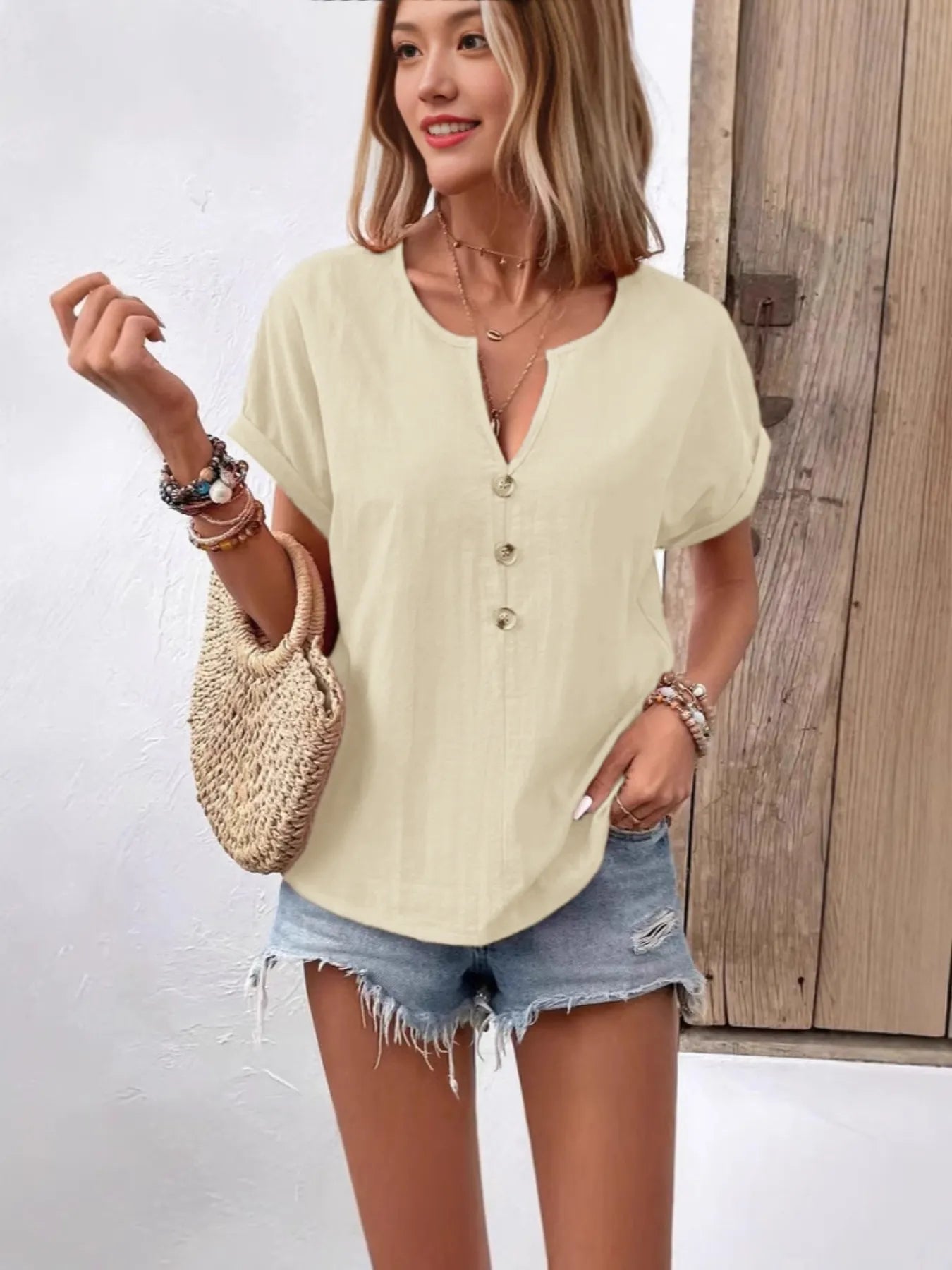 Full Size Notched Short Sleeve Top Plus Size - Bayou Curves