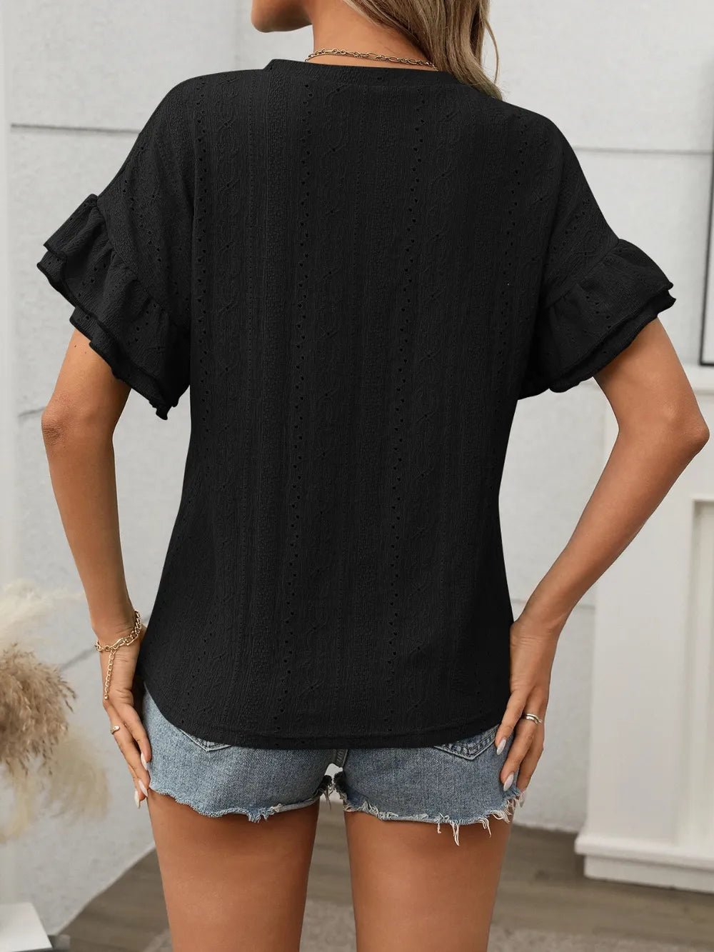 Eyelet Round Neck Flounce Sleeve Top - Bayou Curves