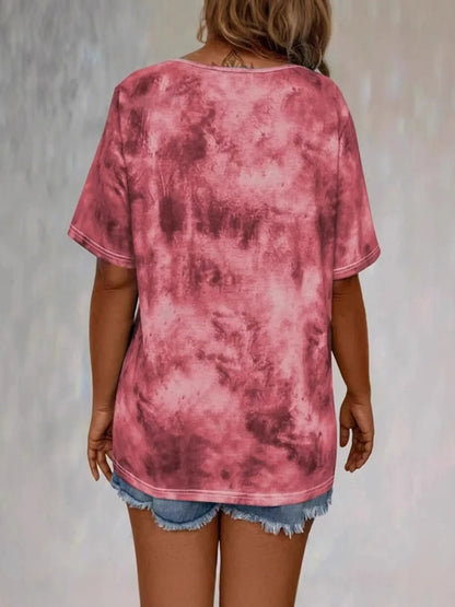 Tie Dye Lace-Up V-Neck Casual T-Shirt - Bayou Curves