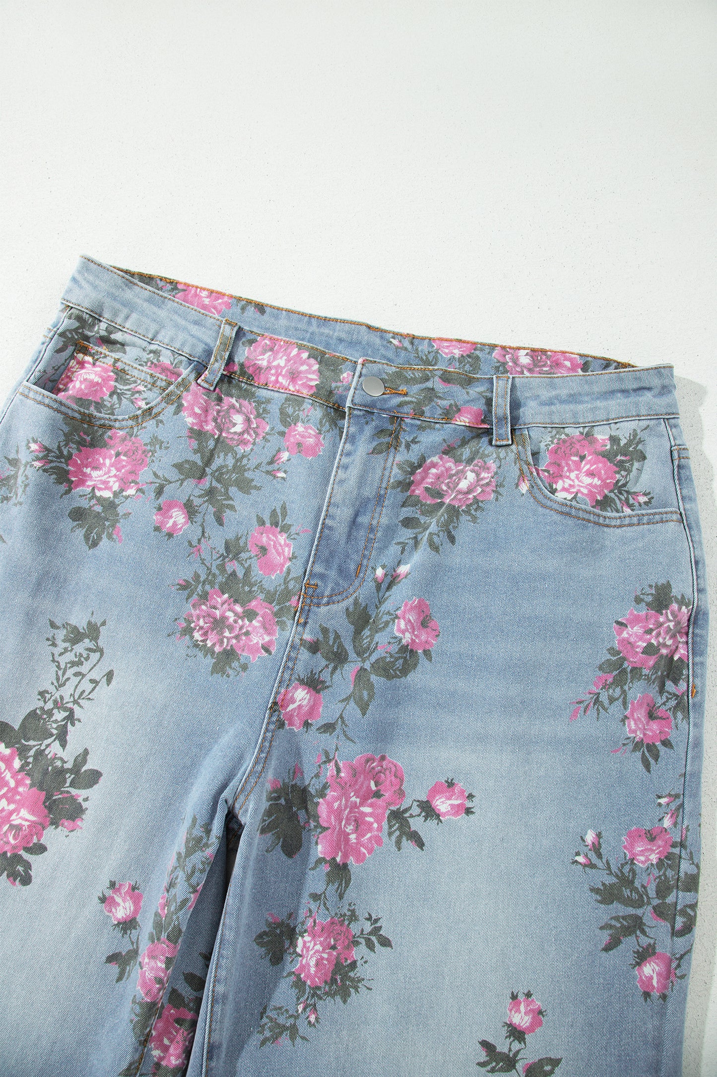 Plus Size Sky Blue Floral Print Ankle Length Loose Jeans