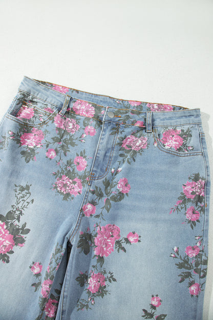 Plus Size Sky Blue Floral Print Ankle Length Loose Jeans