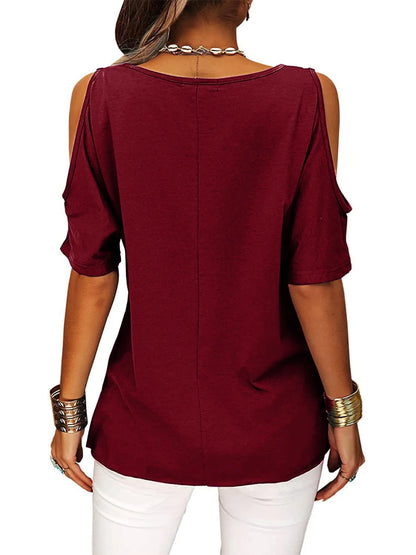 Full Size Crisscross Cold Shoulder Casual T-Shirt Plus Size - Bayou Curves