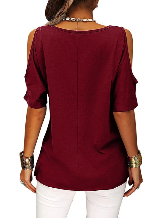 Full Size Crisscross Cold Shoulder Casual T-Shirt Plus Size - Bayou Curves