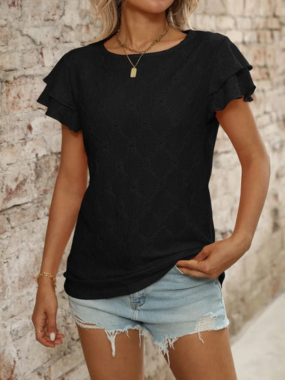 Eyelet Round Neck Double Layered Ruffled Short Sleeve Top - Bayou Curves