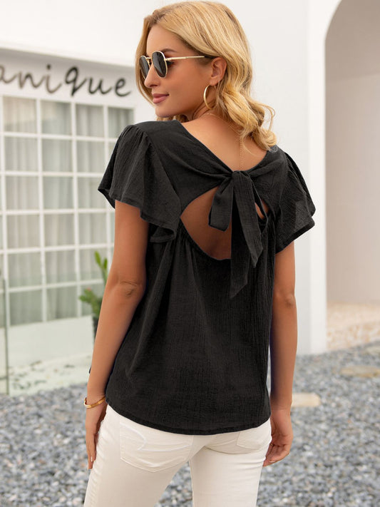 Ivy Lane Round Neck Cutout Tie Back Top - Bayou Curves