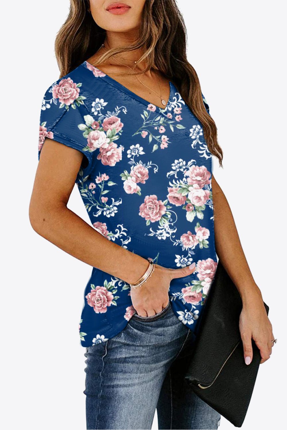 Printed Petal Sleeve V-Neck Blouse - Bayou Curves