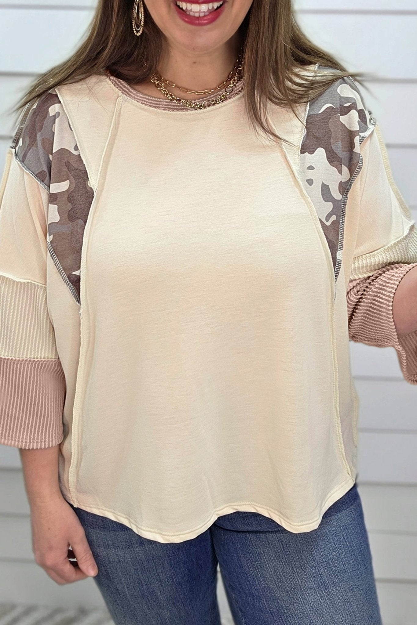 Plus Size Apricot Camouflage Panel Twist Rib Sleeve Round Neck Loose Fit Blouse - Bayou Curves