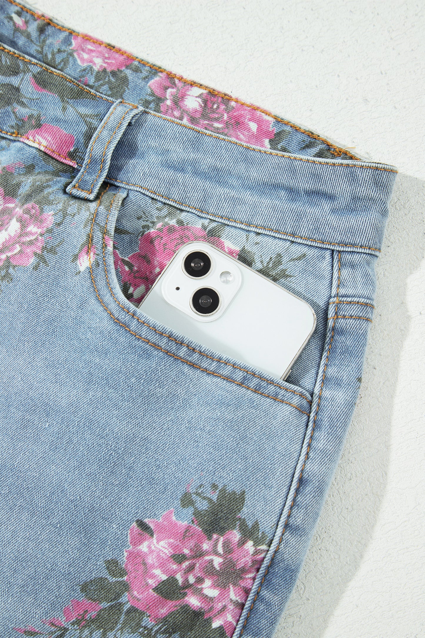 Plus Size Sky Blue Floral Print Ankle Length Loose Jeans