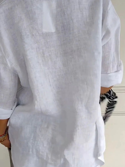 Full Size Linen Blend Notched Blouse Plus Size - Bayou Curves