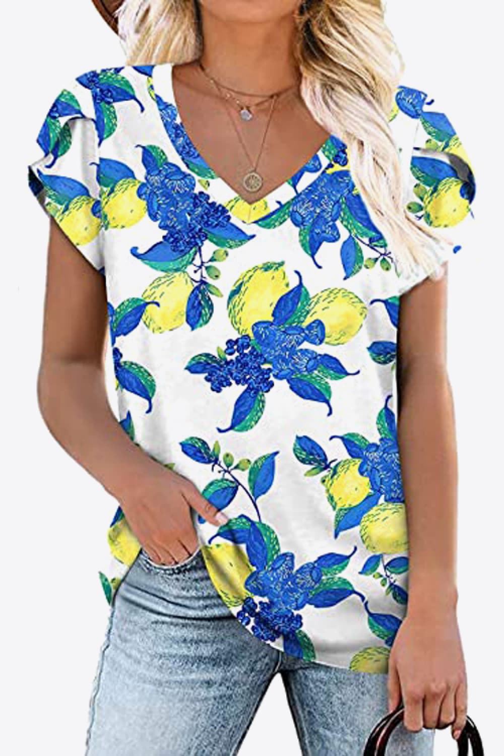 Printed Petal Sleeve V-Neck Blouse - Bayou Curves