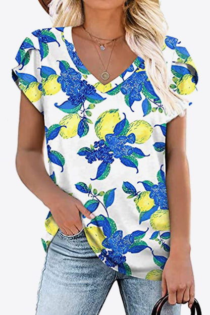 Printed Petal Sleeve V-Neck Blouse - Bayou Curves