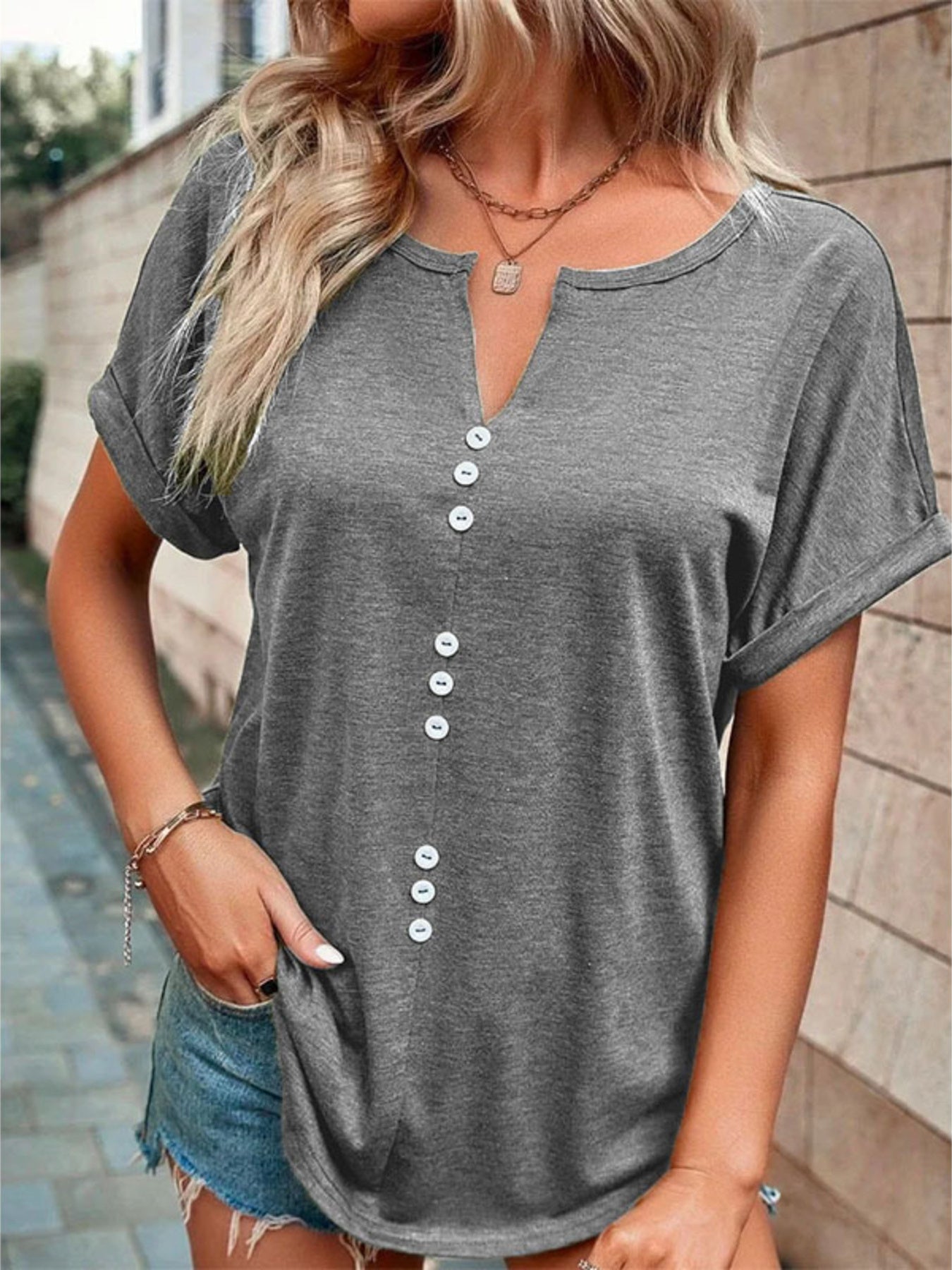 Full Size Decor Button Short Sleeve T-Shirt Plus Size - Bayou Curves