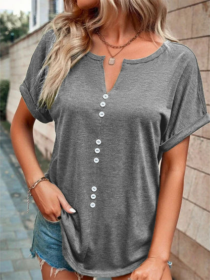 Full Size Decor Button Short Sleeve T-Shirt Plus Size - Bayou Curves