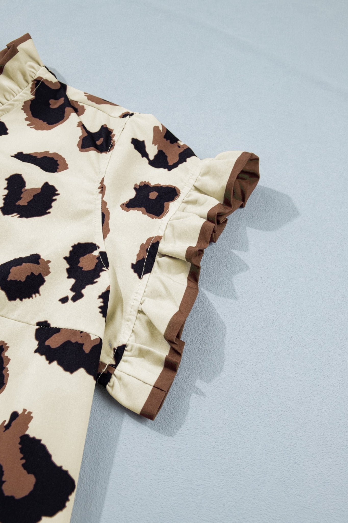 Plus Size Khaki Leopard Print Frilled Color Block Trim Button Down Short Sleeve Blouse - Bayou Curves