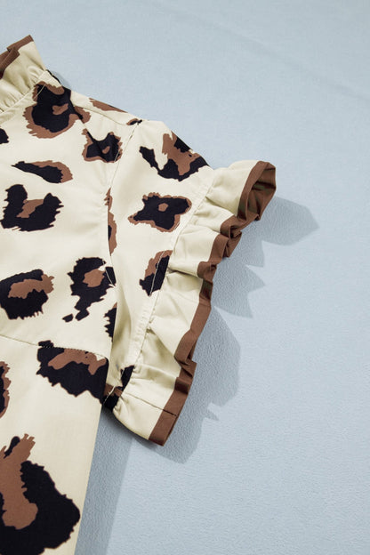 Plus Size Khaki Leopard Print Frilled Color Block Trim Button Down Short Sleeve Blouse - Bayou Curves
