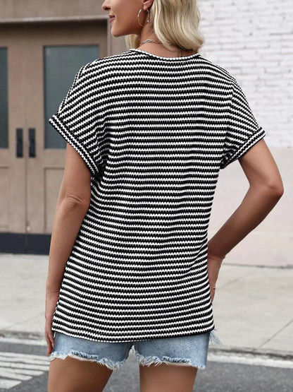 Striped V-Neck Relaxed Fit T-Shirt - Bayou Curves