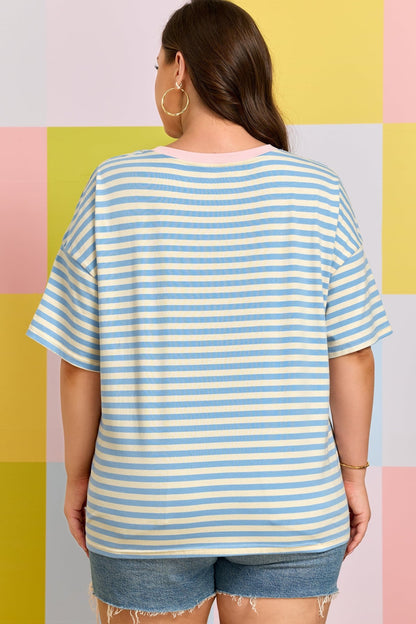 Plus Size Sky Blue Stripe Drop Shoulder Contrast Trim Round Neck Tee - Bayou Curves