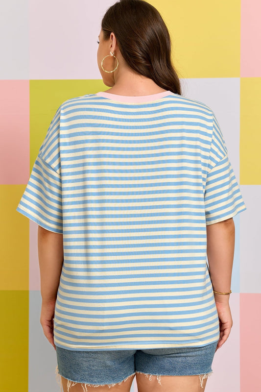 Plus Size Sky Blue Stripe Drop Shoulder Contrast Trim Round Neck Tee - Bayou Curves