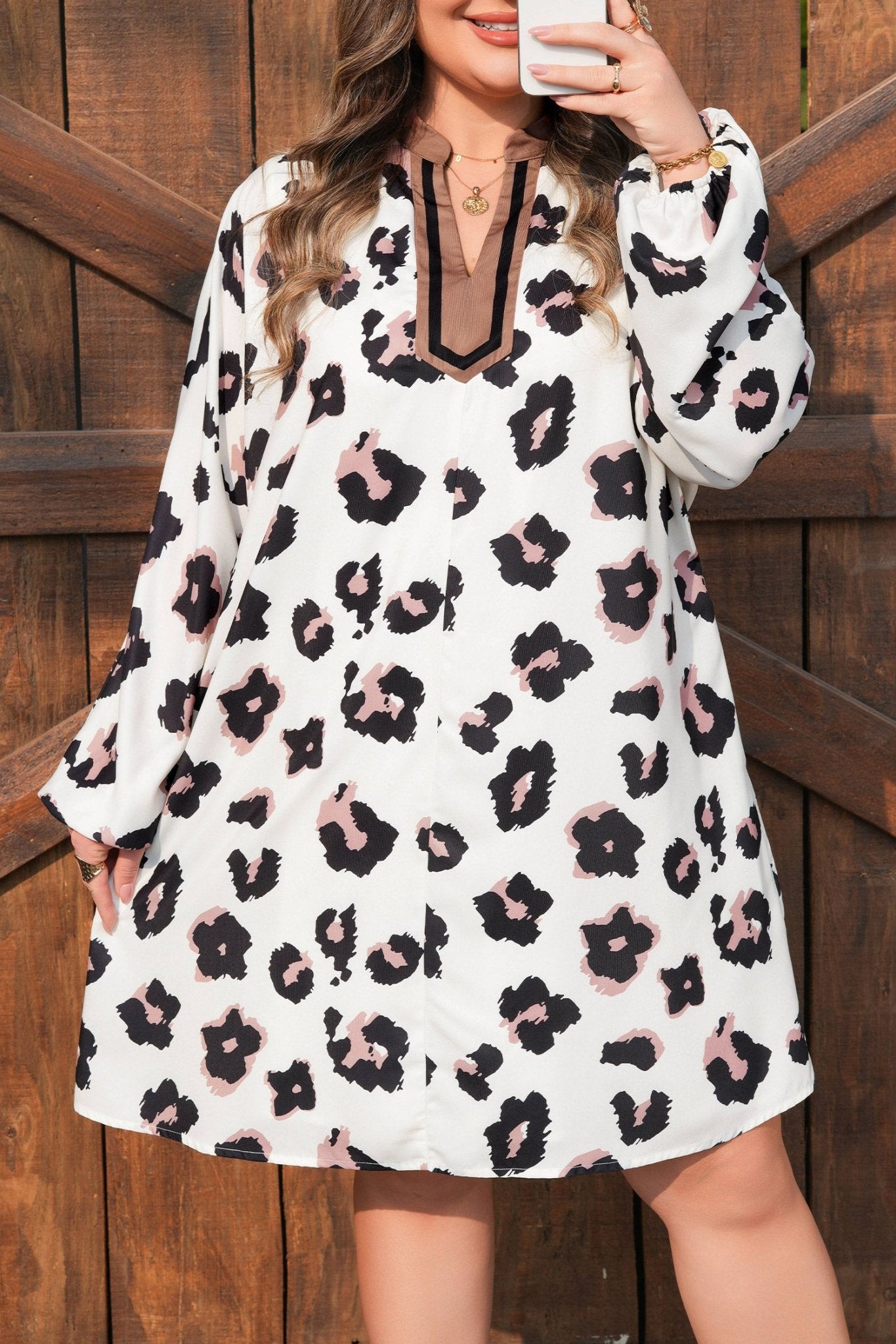 Plus Size Khaki Leopard Print Contrast V Neck Shift Mini Dress - Bayou Curves