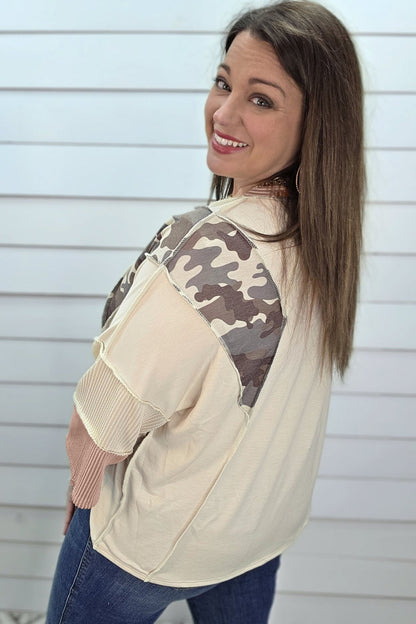 Plus Size Apricot Camouflage Panel Twist Rib Sleeve Round Neck Loose Fit Blouse - Bayou Curves