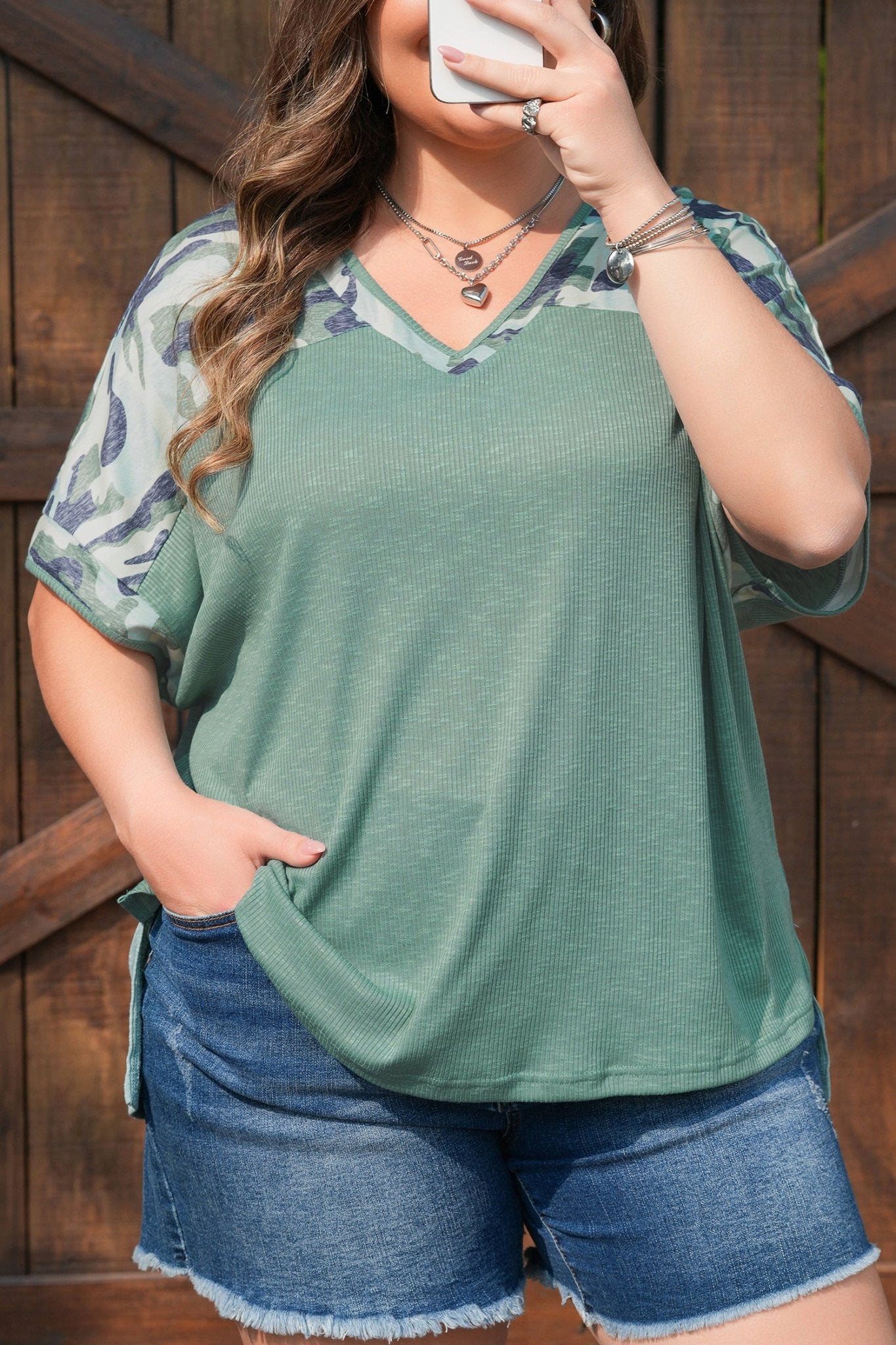 Plus Size Mist Green Ribbed Camouflage Patchwork V Neck Tee - Bayou Curves