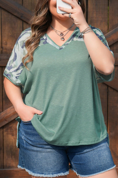 Plus Size Mist Green Ribbed Camouflage Patchwork V Neck Tee - Bayou Curves