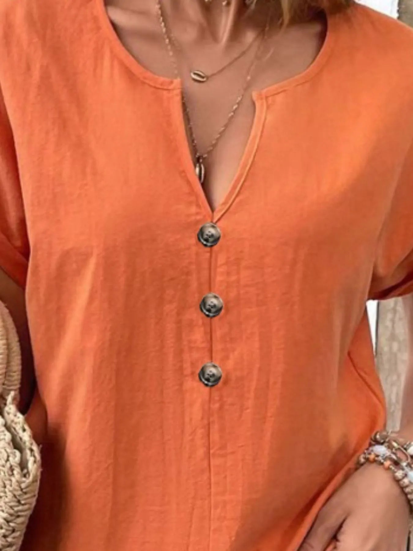 Full Size Notched Short Sleeve Top Plus Size - Bayou Curves