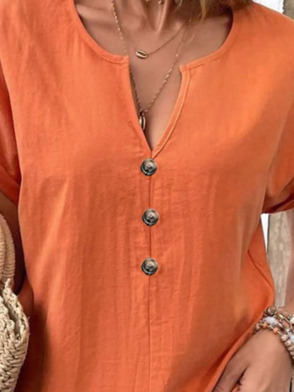 Full Size Notched Short Sleeve Top Plus Size - Bayou Curves