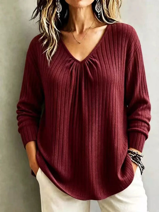 Wine Down Ribbed V-Neck Top - Bayou Curves