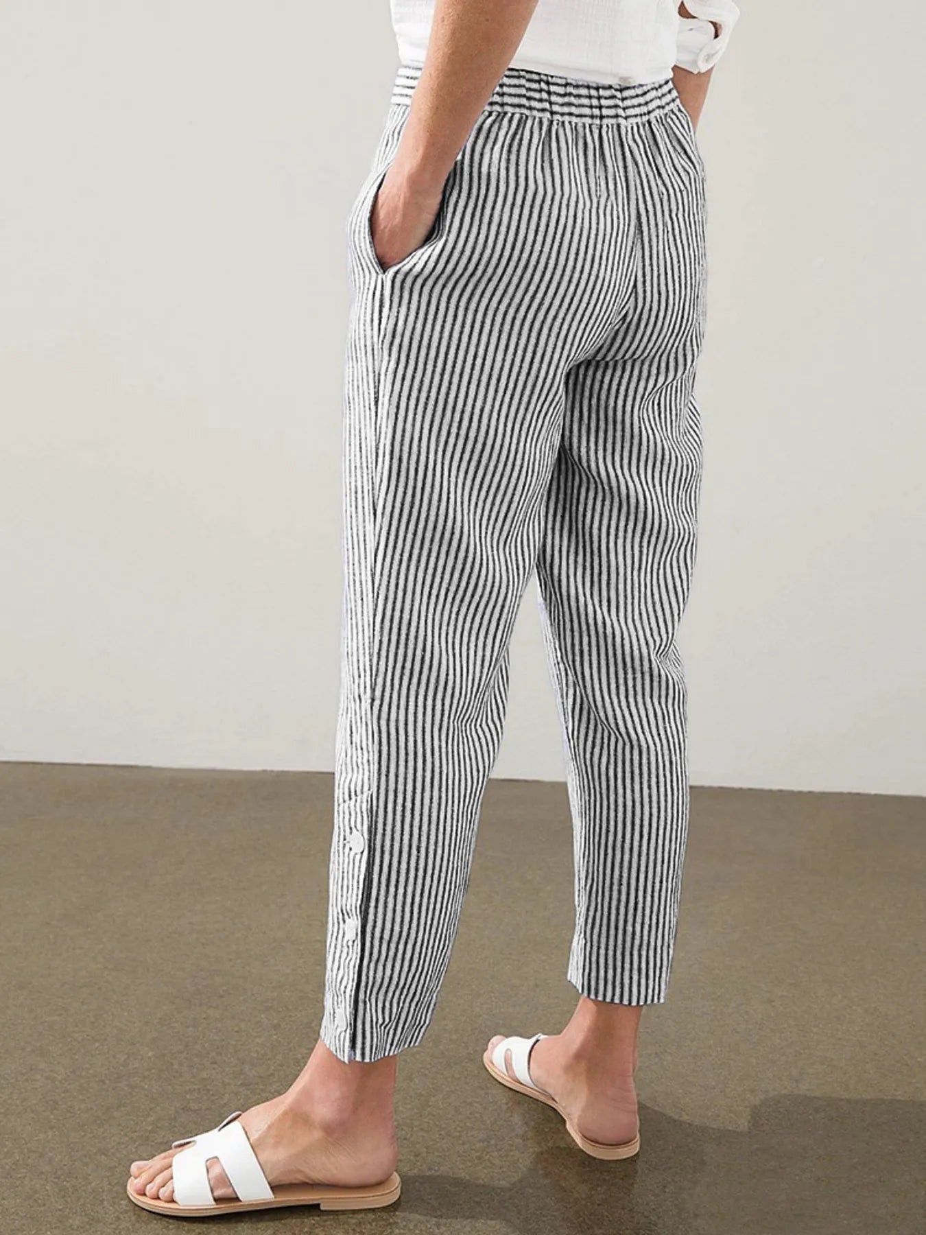 Full Size Striped Side Button Detail Pants Plus Size - Bayou Curves