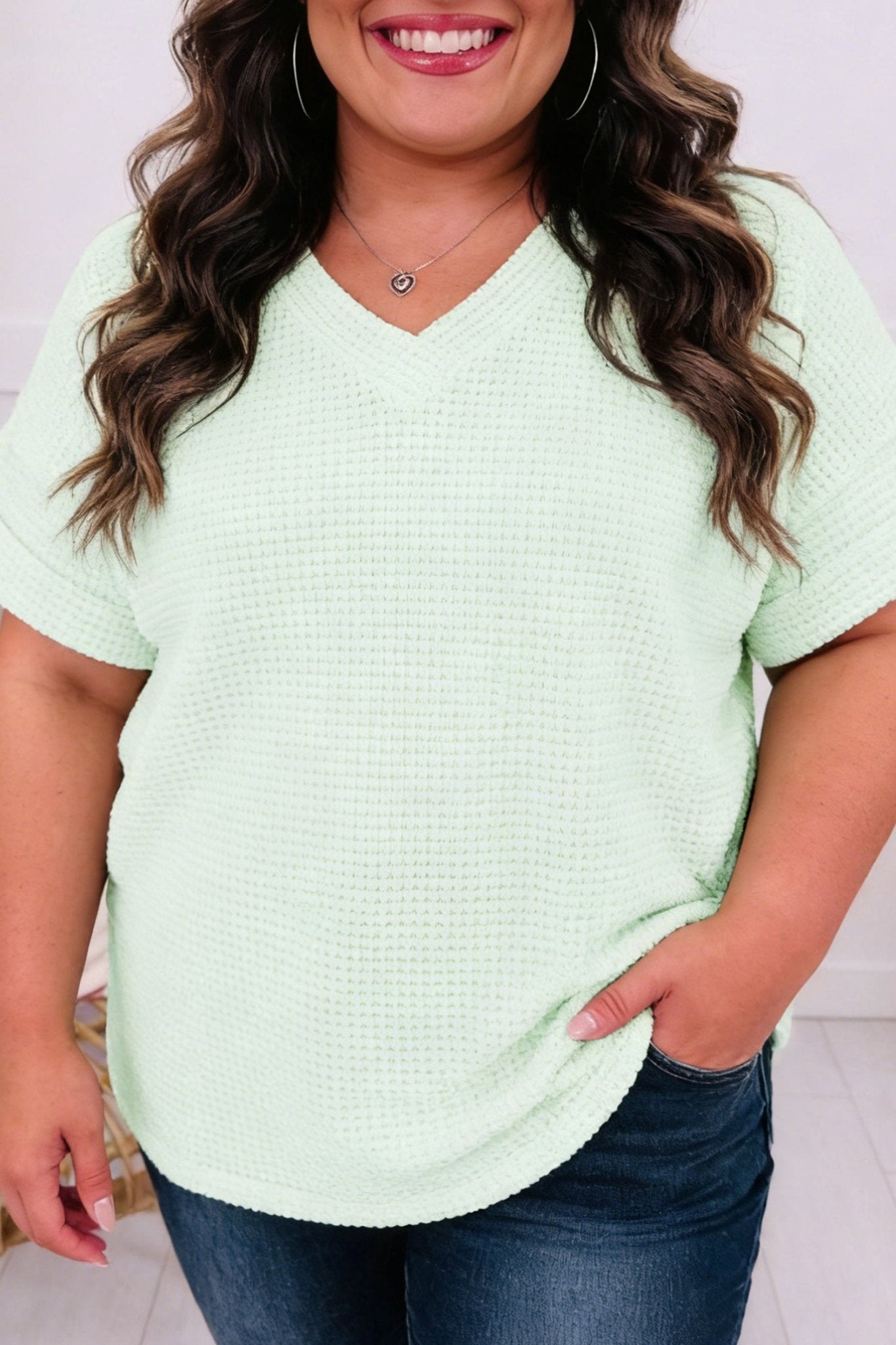 Plus Size Wisteria V Neck Short Sleeve Waffle Knit Top - Bayou Curves