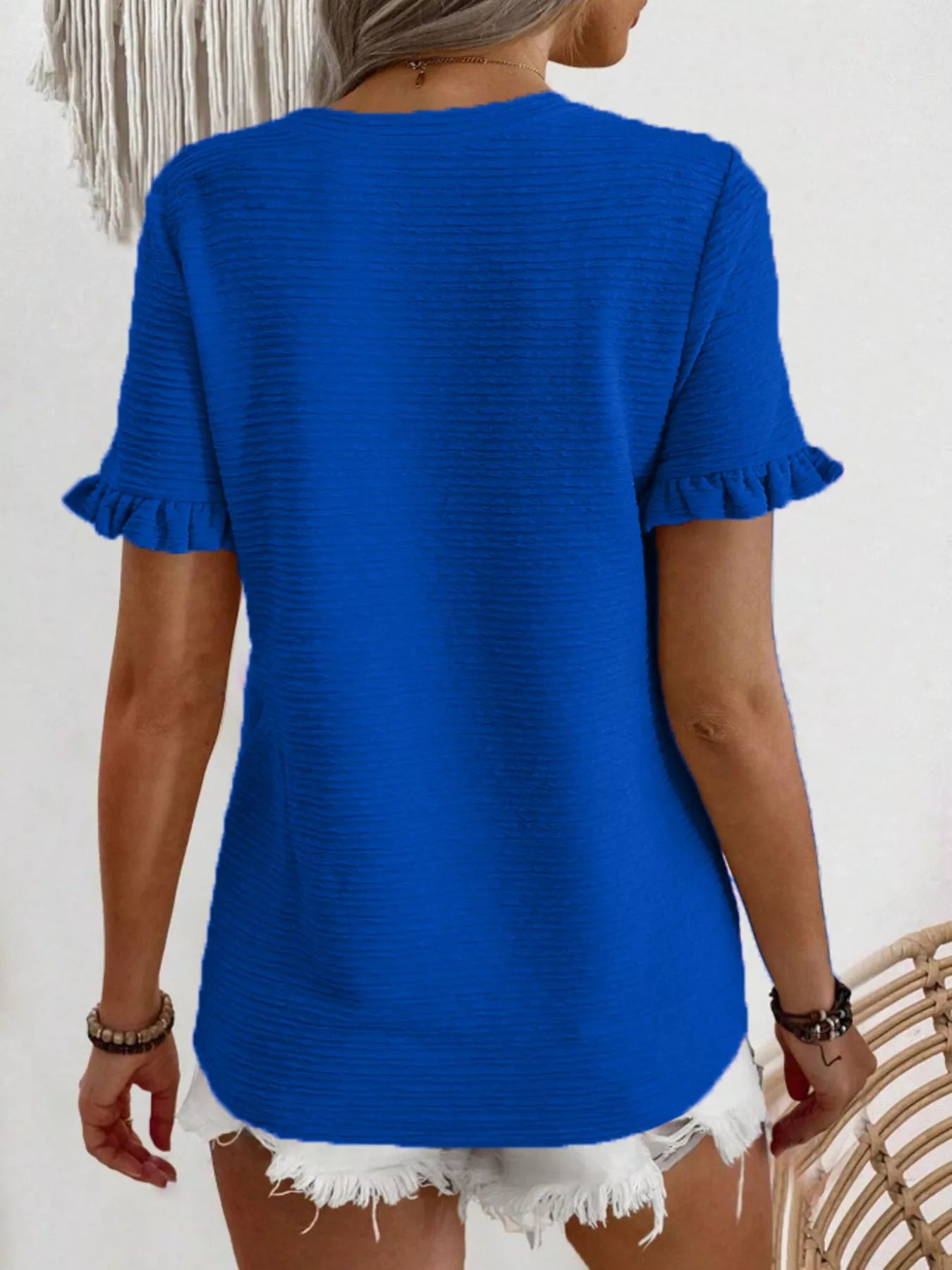 Textured Ruffle Sleeve Round Neck T-Shirt - Bayou Curves