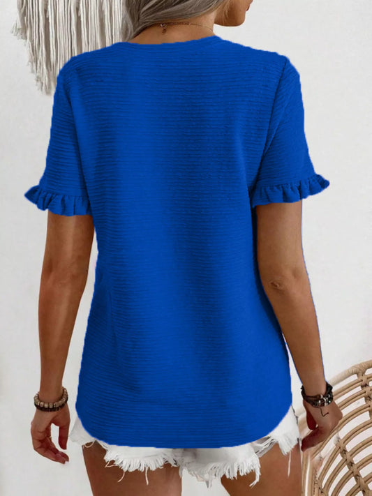 Textured Ruffle Sleeve Round Neck T-Shirt - Bayou Curves
