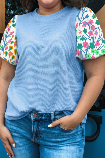 Plus Size Light Blue Textured Bodice Contrast Floral Sleeve Top - Bayou Curves