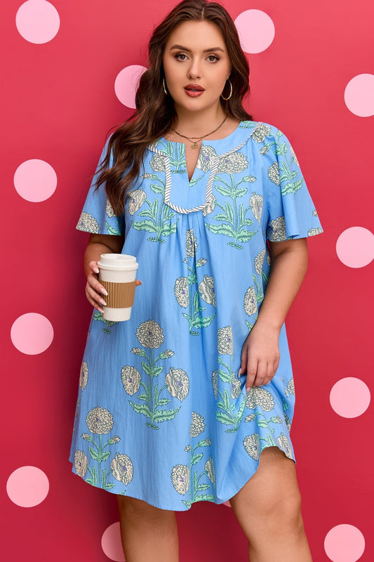Plus Size Sky Blue Floral Printed Short Sleeve Striped Trim Split Neck Mini Dress - Bayou Curves