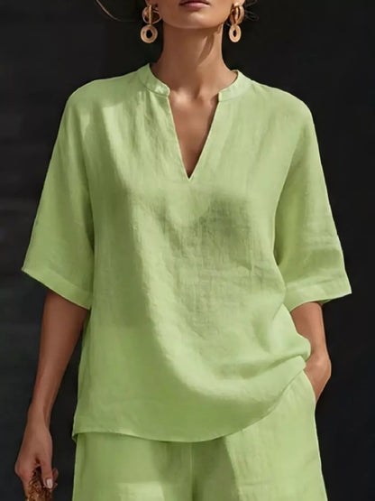 Full Size Notched Half Sleeve Top and Shorts Set Plus Size - Bayou Curves