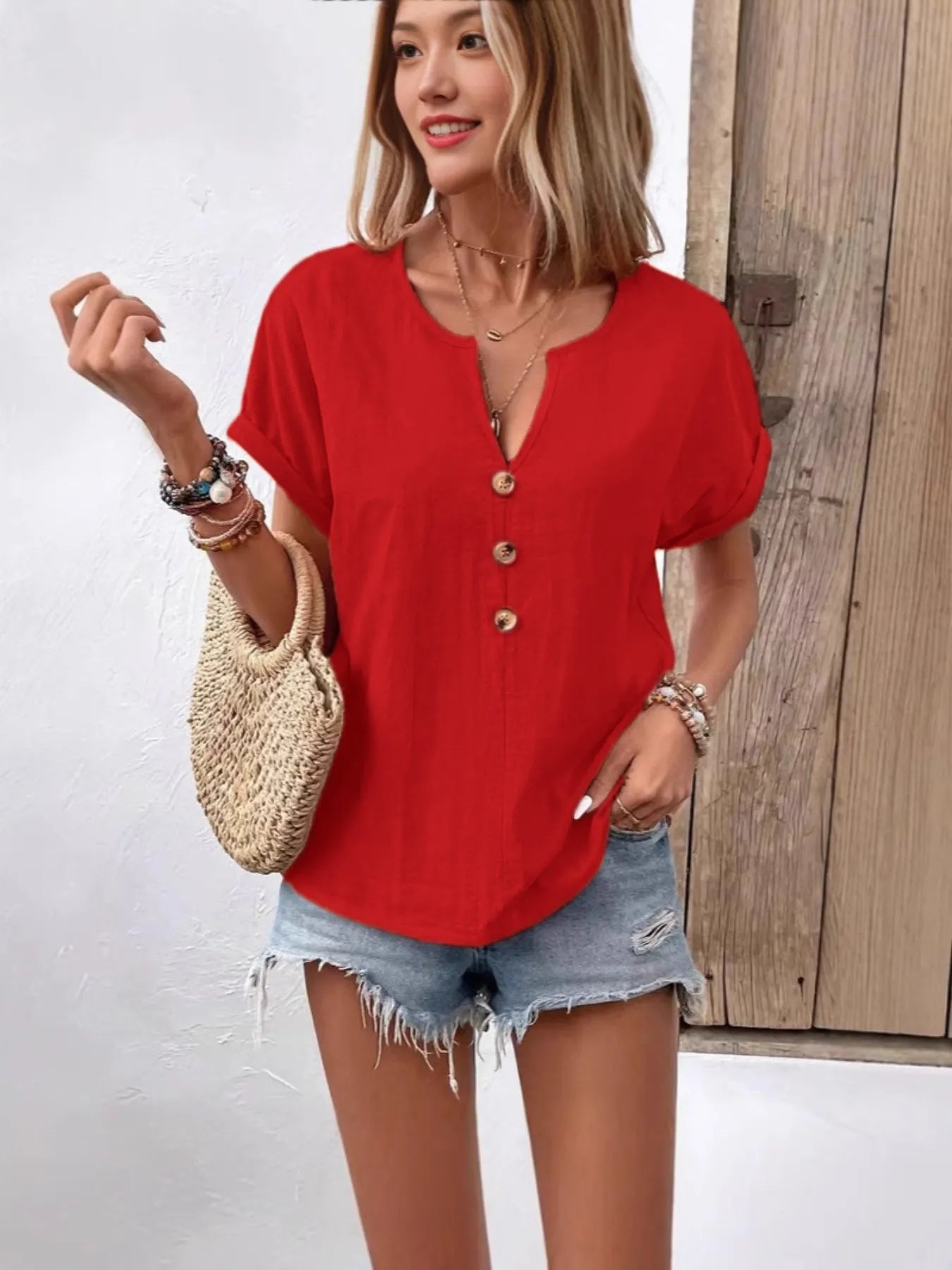 Full Size Notched Short Sleeve Top Plus Size - Bayou Curves