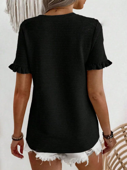 Textured Ruffle Sleeve Round Neck T-Shirt - Bayou Curves