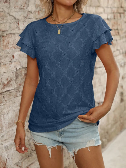 Eyelet Round Neck Double Layered Ruffled Short Sleeve Top - Bayou Curves
