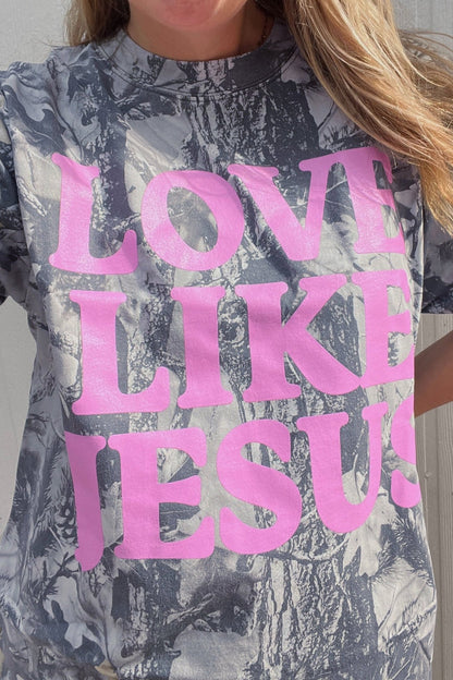 Plus Size Gray Woodland Camouflage LOVE LIKE JESUS T Shirt - Bayou Curves